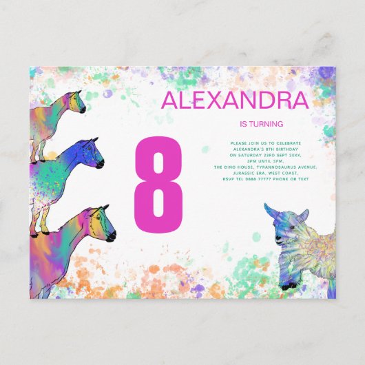 かわいいヤギの女の子8th誕生日パーティー インビテーションポストカード (正面)