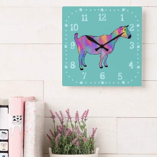 かわいいヤギカラフルの動物アート スクエア壁時計