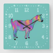 かわいいヤギカラフルの動物アート スクエア壁時計 (正面)
