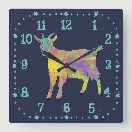 かわいいヤギカラフルファーム動物アート スクエア壁時計 (正面)