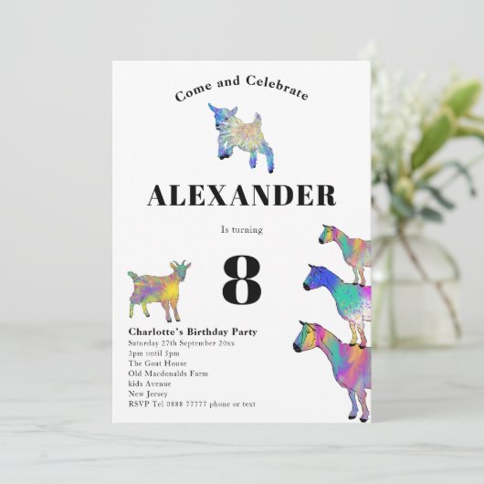 かわいいヤギカラフルファーム動物8th誕生日パーティー 招待状 (スタンド正面)
