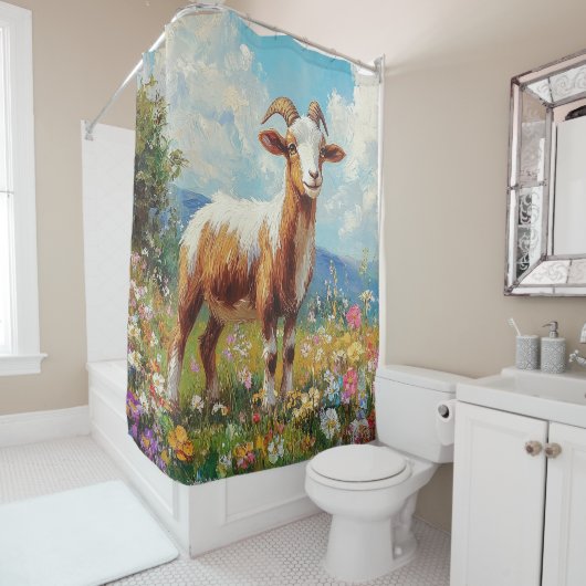 かわいいヤギカラフルヤギ牧草地 シャワーカーテン (インサイチュ)