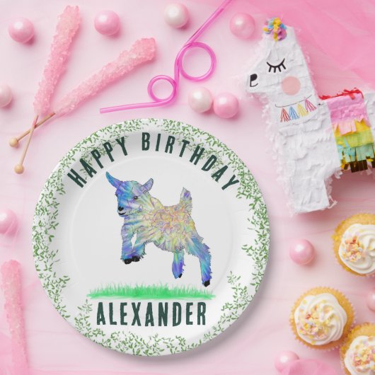 かわいいヤギハッピーバースデーパーティーパーソナライズされた名 ペーパープレート (パーティー)