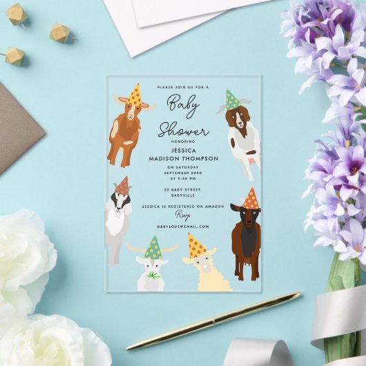 かわいいヤギ畑パーティー動物ヤギ赤ちゃんシャワー アクリル招待状 (インサイチュ (ウェディング))