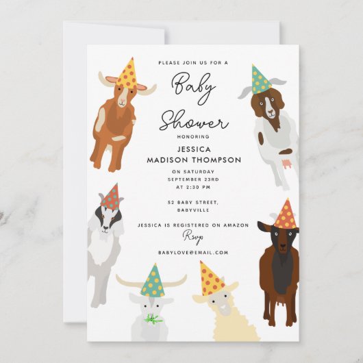 かわいいヤギ畑パーティー動物ヤギ赤ちゃんシャワー 招待状 (正面)