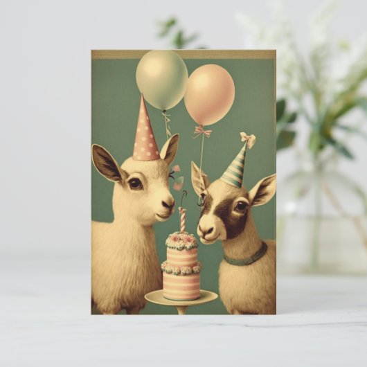かわいいヤギ誕生日パーティフラットグリーティングカード サンキューカード (スタンド正面)