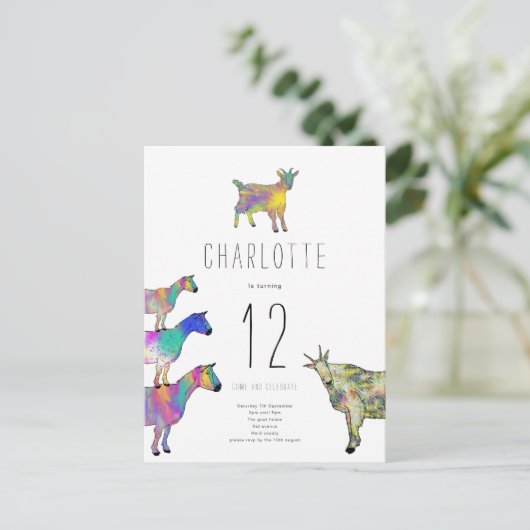 かわいいヤギ農場動物12th誕生日パーティー予算 インビテーションポストカード (スタンド正面)