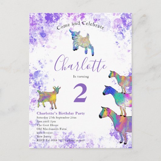 かわいいヤギ農場動物2nd誕生日パーティー インビテーションポストカード (正面)