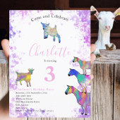 かわいいヤギ農場動物3歳の誕生日パーティー インビテーションポストカード