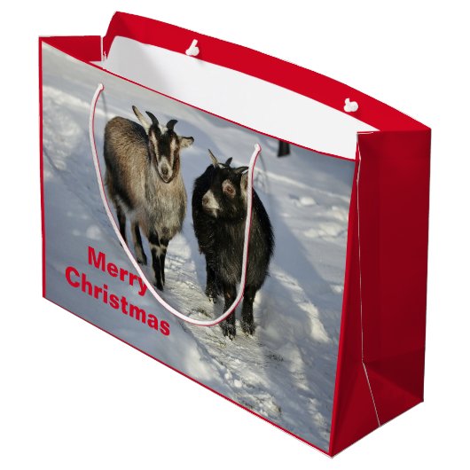 かわいいヤギ雪写真クリスマス ラージペーパーバッグ (裏面アングル)