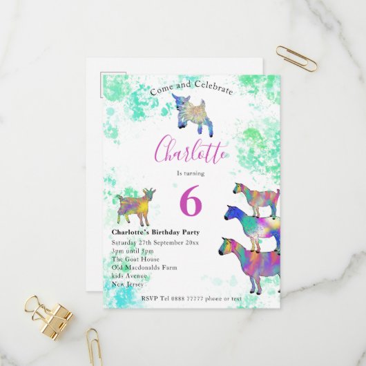 かわいいヤギ6thバースデーパーティー インビテーションポストカード (正面/裏面インサイチュ)