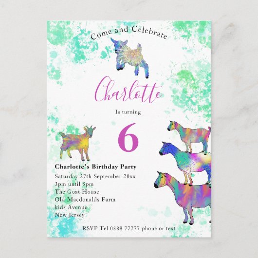 かわいいヤギ6thバースデーパーティー インビテーションポストカード (正面)