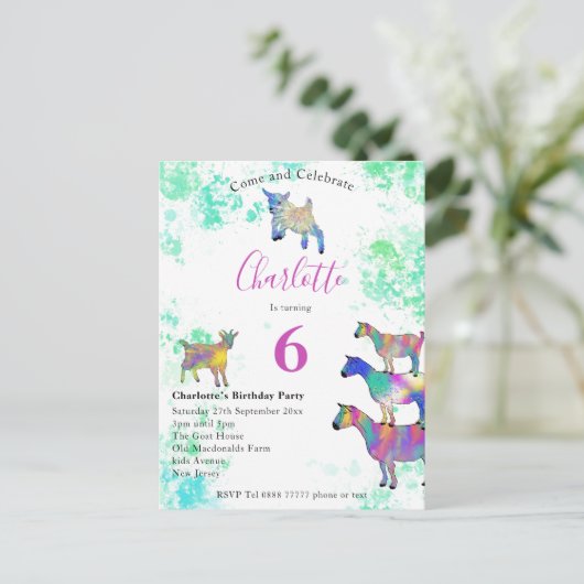 かわいいヤギ6thバースデーパーティー インビテーションポストカード (スタンド正面)