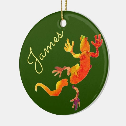 かわいいヤモリのエコの水彩画のクリスマスの名前 セラミックオーナメント (左)