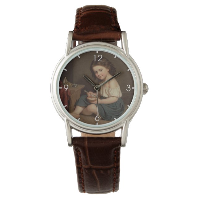 かわいいヤングガール食べズ・ブレックファースト(ヴィンテージ・アート) 腕時計 (正面)