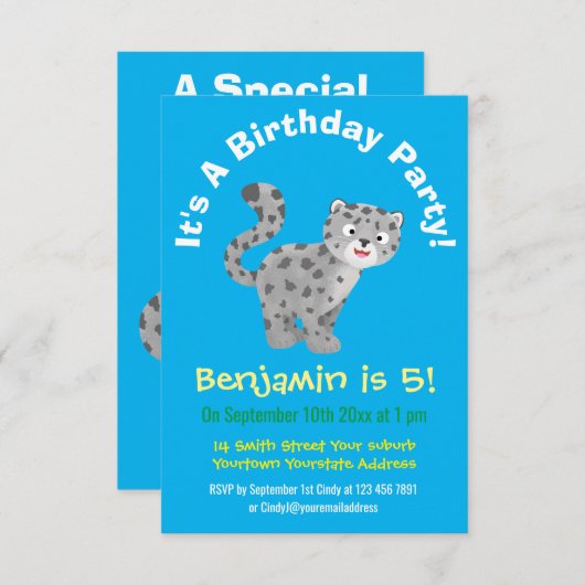 かわいいユキヒョウ漫画イラストレーション 招待状 (正面/裏面)