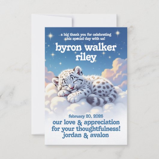 かわいいユキヒョウ雲の上で眠る赤ちゃんシャワー サンキューカード (正面)