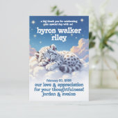 かわいいユキヒョウ雲の上で眠る赤ちゃんシャワー サンキューカード (スタンド正面)