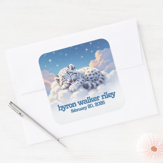 かわいいユキヒョウ雲の上で眠る赤ちゃんシャワー スクエアシール (封筒)