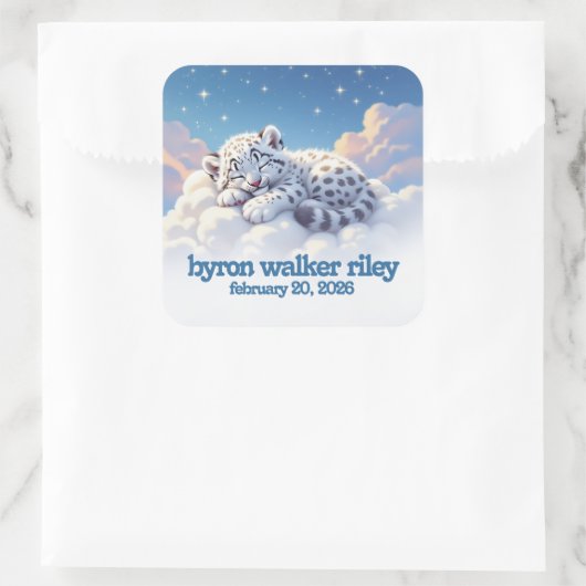 かわいいユキヒョウ雲の上で眠る赤ちゃんシャワー スクエアシール (バッグ)