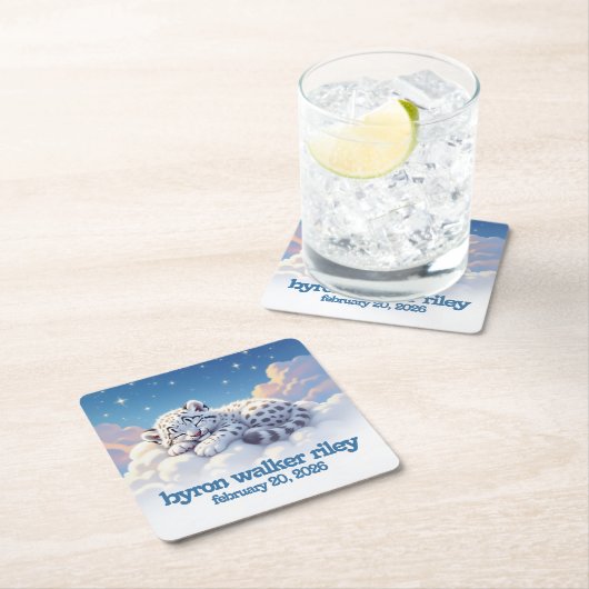 かわいいユキヒョウ雲の上で眠る赤ちゃんシャワー スクエアペーパーコースター (インサイチュ)