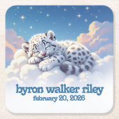 かわいいユキヒョウ雲の上で眠る赤ちゃんシャワー スクエアペーパーコースター (正面)