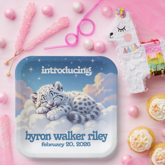 かわいいユキヒョウ雲の上で眠る赤ちゃんシャワー ペーパープレート (パーティー)