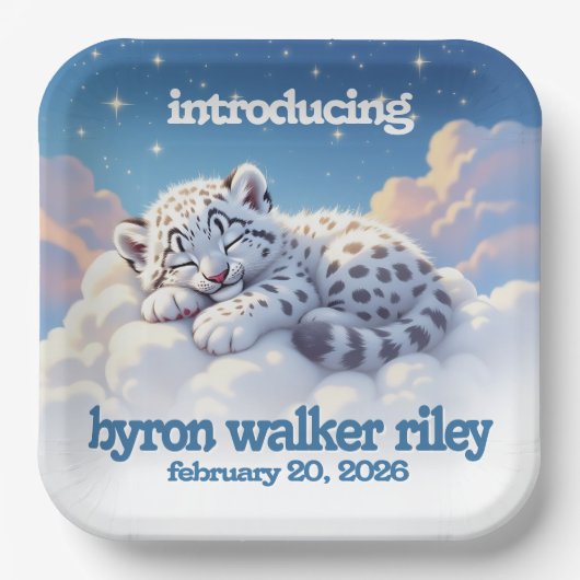 かわいいユキヒョウ雲の上で眠る赤ちゃんシャワー ペーパープレート (正面)