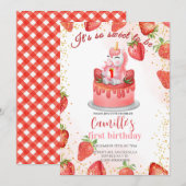 かわいいユニコーンいちごケーキ誕生日 招待状 (正面/裏面)