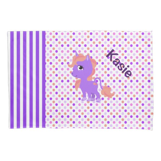 かわいいユニコーンおよび水玉模様の枕箱 枕カバー (正面)