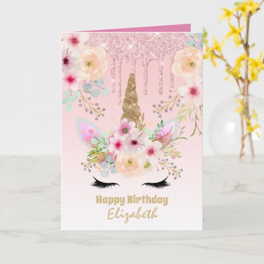かわいいユニコーンかわいらしのファンタジーガーリーピンクの金ゴールド カード (黄色い花)