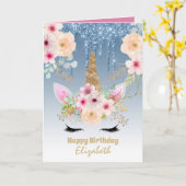 かわいいユニコーンかわいらしファンタジーガーリーブルー金ゴールド カード (黄色い花)