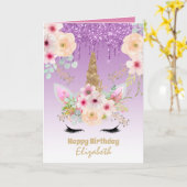 かわいいユニコーンかわいらしファンタジーガーリー薄紫金ゴールド カード (黄色い花)