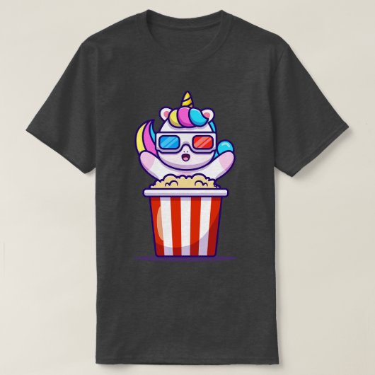 かわいいユニコーンがポップコーンを食べている Tシャツ (デザイン正面)