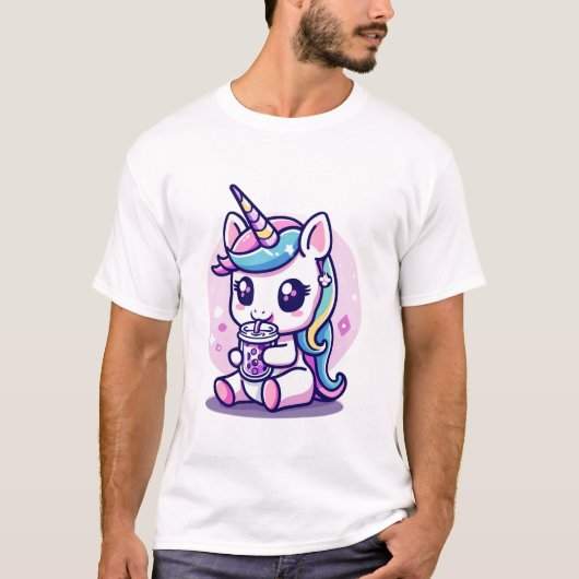 かわいいユニコーンがラーメンを食べる グラフィック Tシャツ (正面)