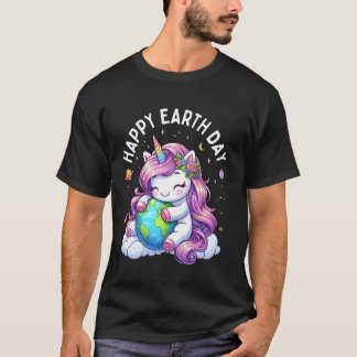 かわいいユニコーンが地球を抱きしめるハッピーアースデー Tシャツ