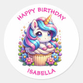 かわいいユニコーンとカップケーキパーソナライズされた誕生日 ラウンドシール (正面)