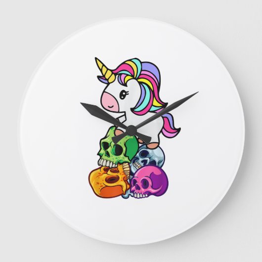 かわいいユニコーンとドクロ。面白いゴス エモ ハロウィン ラージ壁時計 (正面)