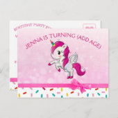 かわいいユニコーンとピンクキャンディ振りかける誕生日 ポストカード (正面/裏面)