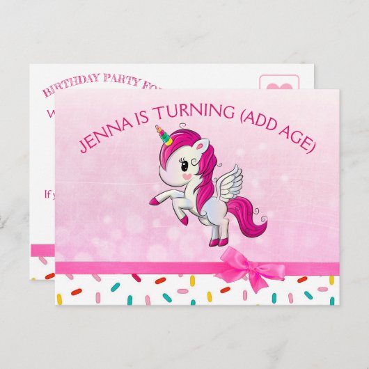 かわいいユニコーンとピンクキャンディ振りかける誕生日 ポストカード (正面/裏面)