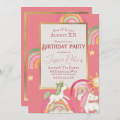 かわいいユニコーンとレインボウをピンクに 招待状 (正面/裏面)