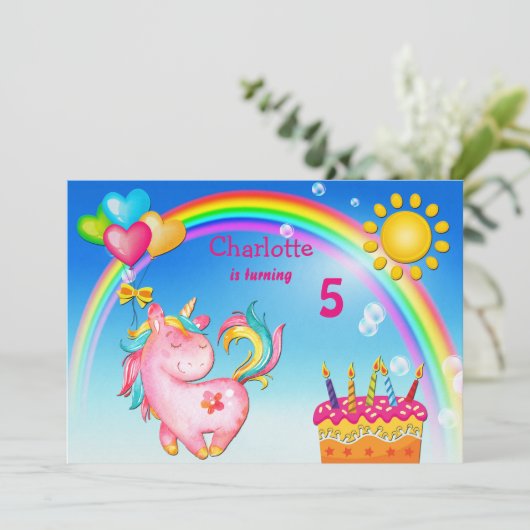 かわいいユニコーンとレインボーバースデーパーティー 招待状 (スタンド正面)