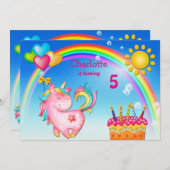 かわいいユニコーンとレインボーバースデーパーティー 招待状 (正面/裏面)