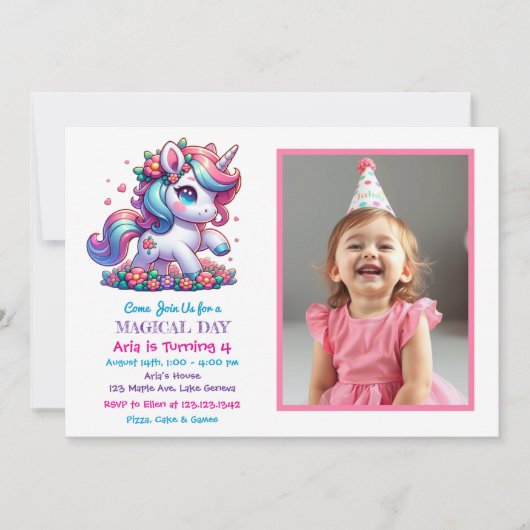かわいいユニコーンと子どもの写真誕生日 招待状 (正面)