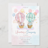 かわいいユニコーンと恐竜の共同兄弟姉妹誕生日 招待状 (正面)