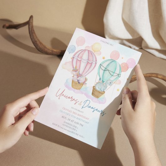 かわいいユニコーンと恐竜の共同兄弟姉妹誕生日 招待状