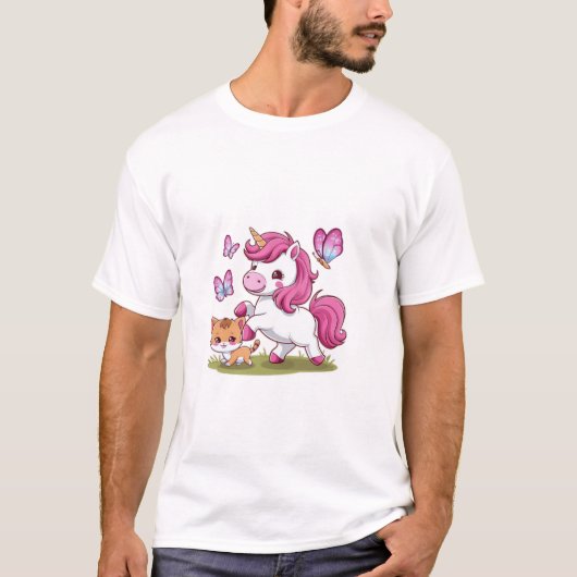 かわいいユニコーンと猫と蝶のロングスリーブ Tシャツ (正面)