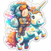かわいいユニコーンに乗カラフルる宇宙飛行士 シール (正面)