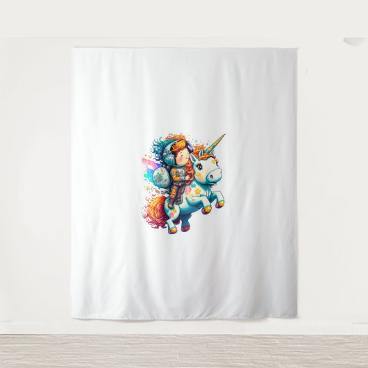 かわいいユニコーンに乗カラフルる宇宙飛行士 タペストリー (正面)
