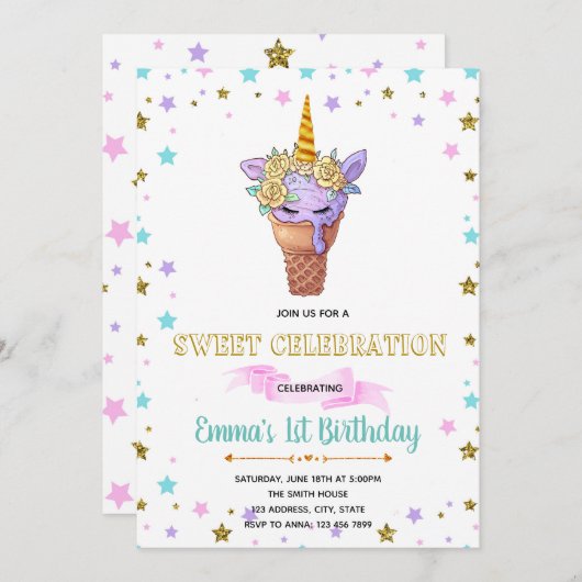 かわいいユニコーンのアイスクリームパーティー誕生日の招待状 招待状 (正面/裏面)
